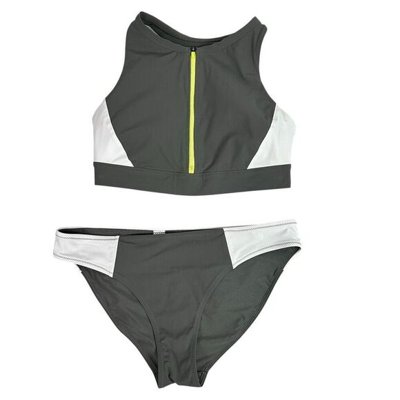 Athleta Colorblock Zip Front Bikini size Small Olive - Picture 3 of 11